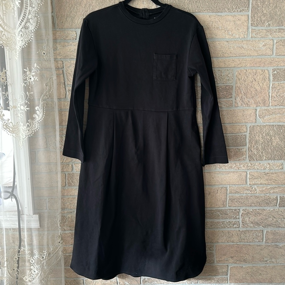 Muji Crew Neck Long Sleeve Midi Oversized Lagenlook Dress With Pockets Black S